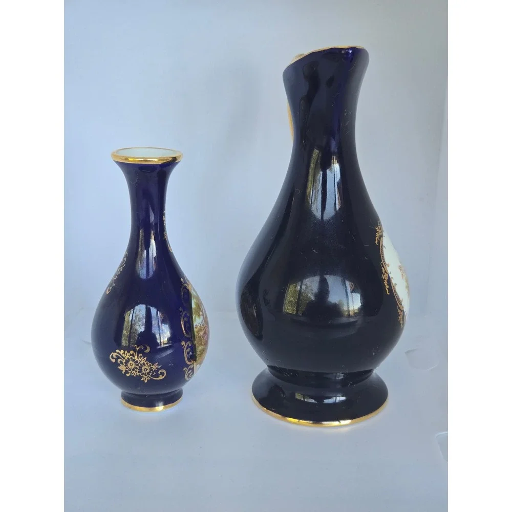 Limoges Cobalt Urn & Vase – Fragonard Scene, Gold‎ Trim, Made in France